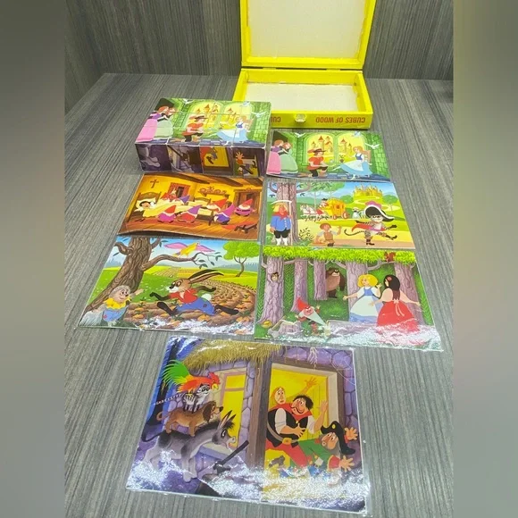 Wooden Toy Block Picture Cubes Vintage Snow White Cinderella - Picture 11 of 16